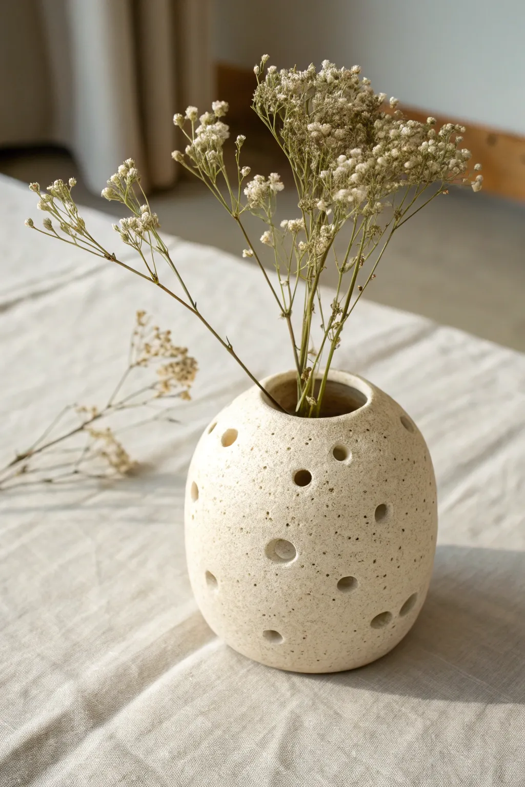 Minimal pocket clay vase with tiny openings, perfect for small stem clusters and airy styling.