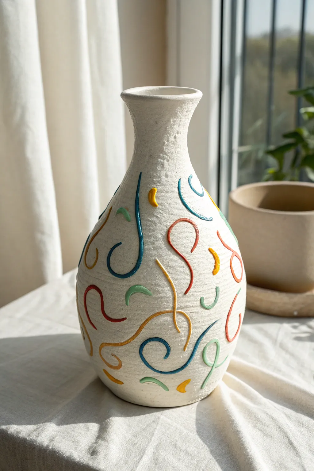 Playful bright 3D clay doodles turn a simple white vase into modern Scandinavian boho decor.