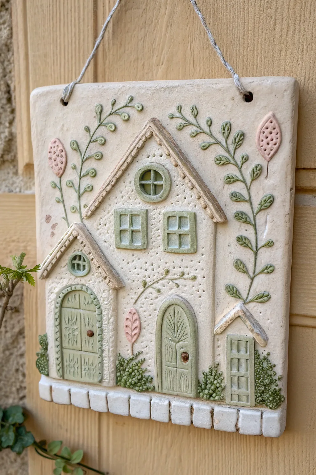 Whimsical storybook clay village plaque with soft pastels, minimalist charm, and cozy texture