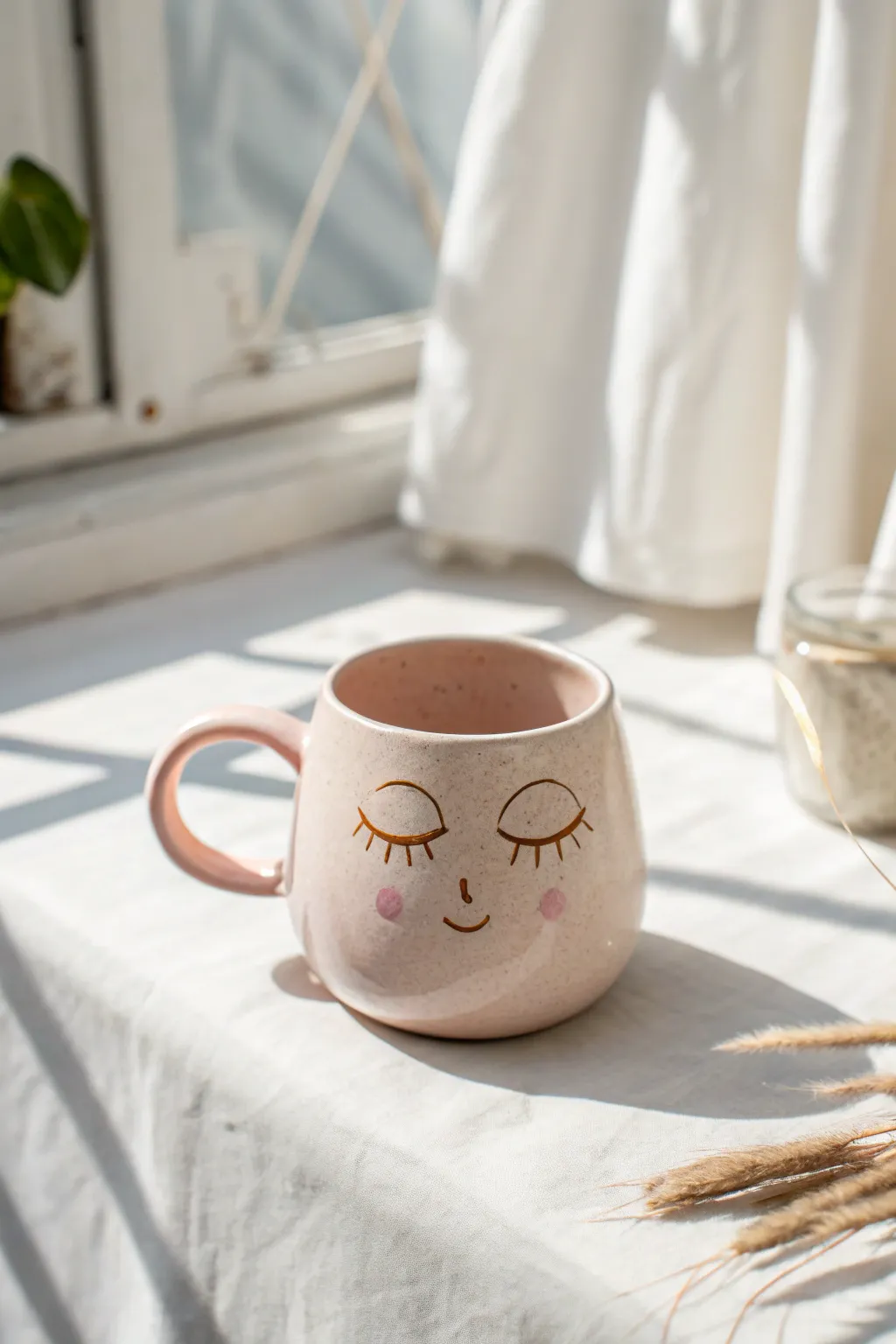 Simple sculpted face mug in soft pastel glaze, cute, minimal, and perfect for cozy coffee moments.