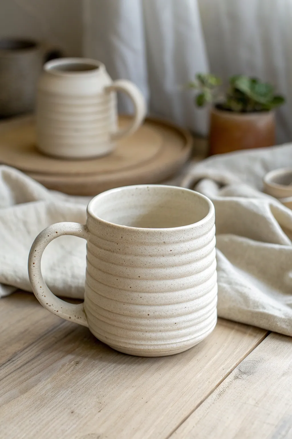 A minimalist coil mug with a subtly thicker base, hinting at a hidden rattle chamber within.