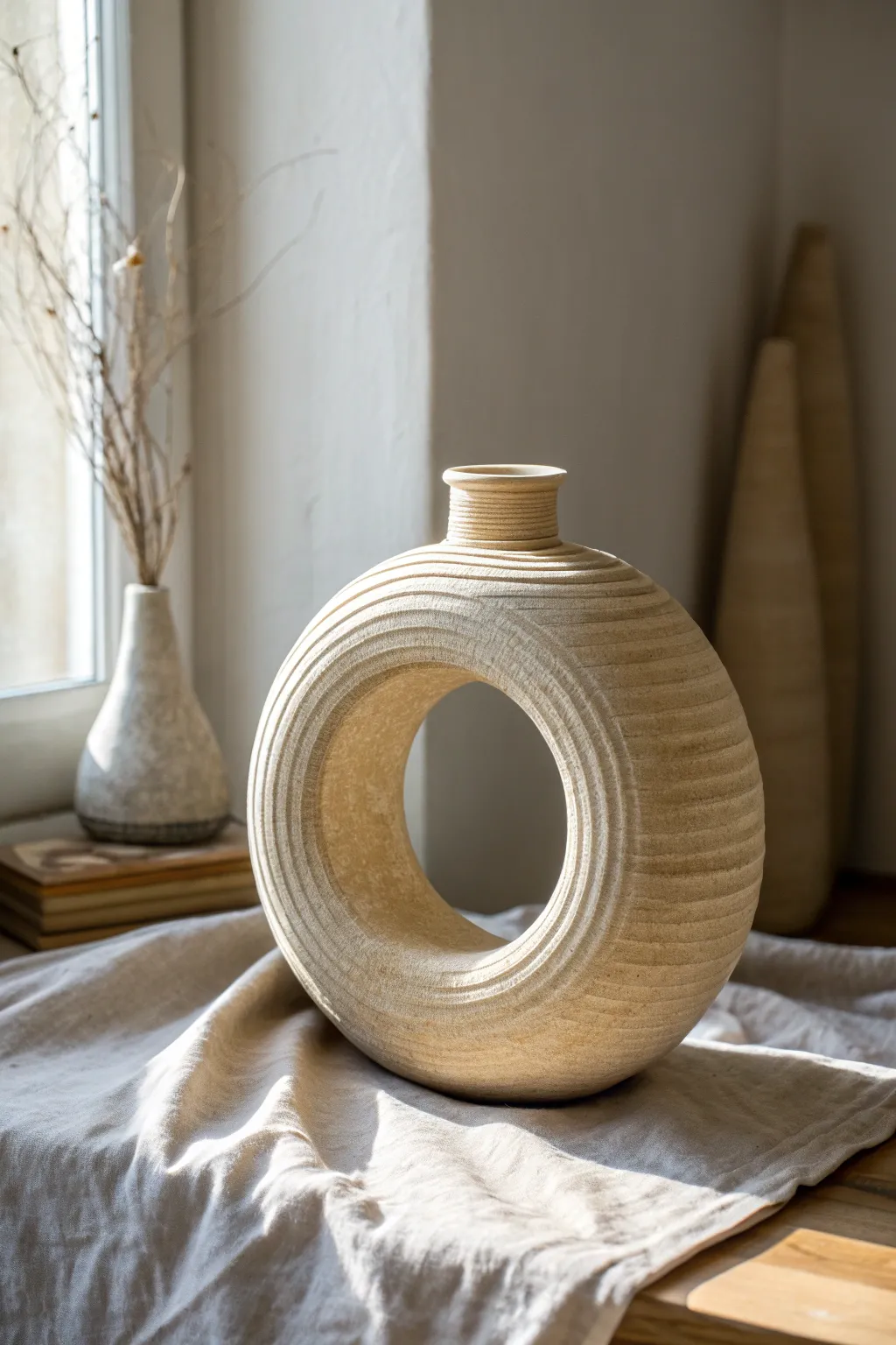 Ring-shaped coil vessel with a bold circular void and matte sand finish for a big wow moment.