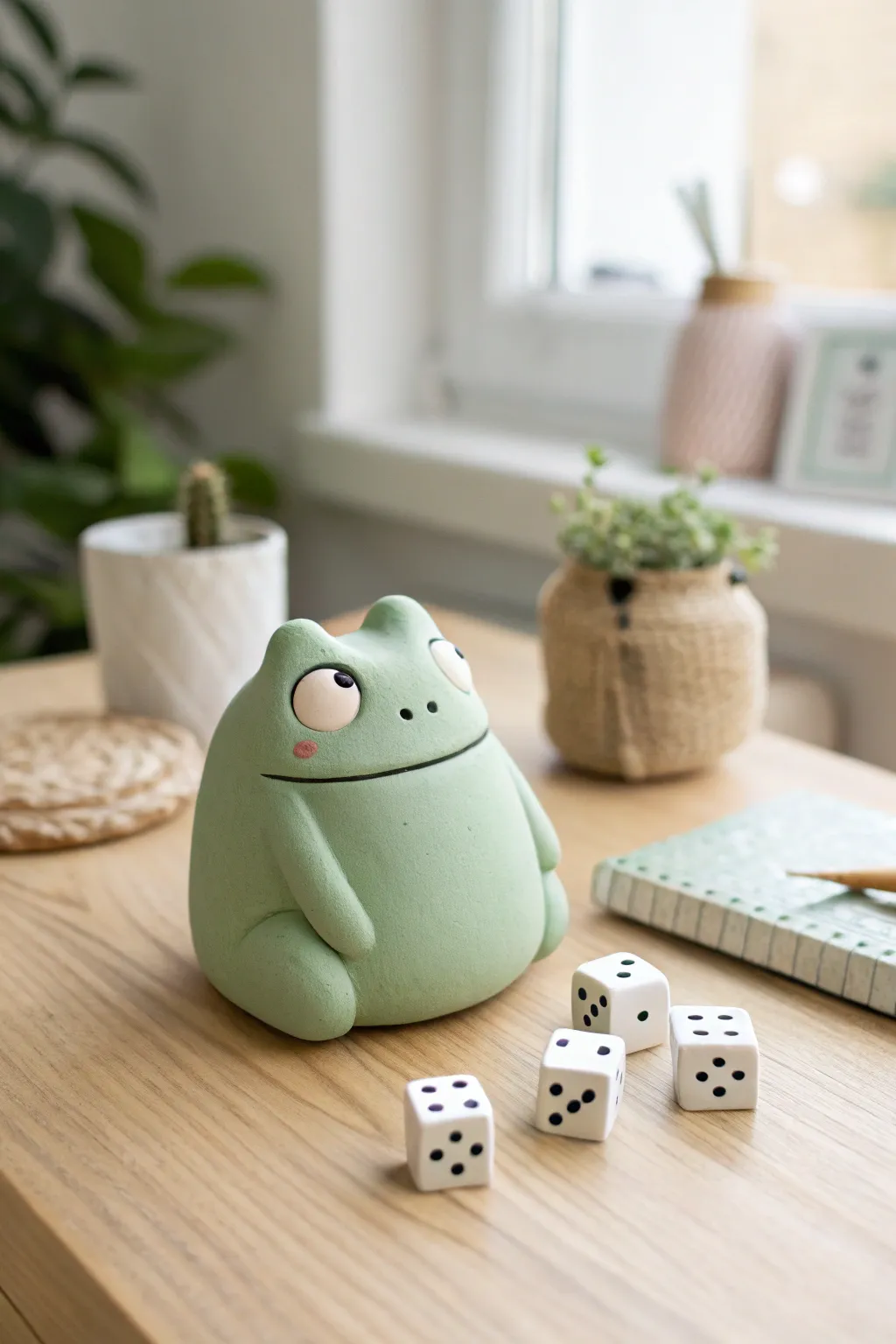 Goofy clay date-dice desk buddy in minimalist Scandinavian style, cute and quirky for any workspace