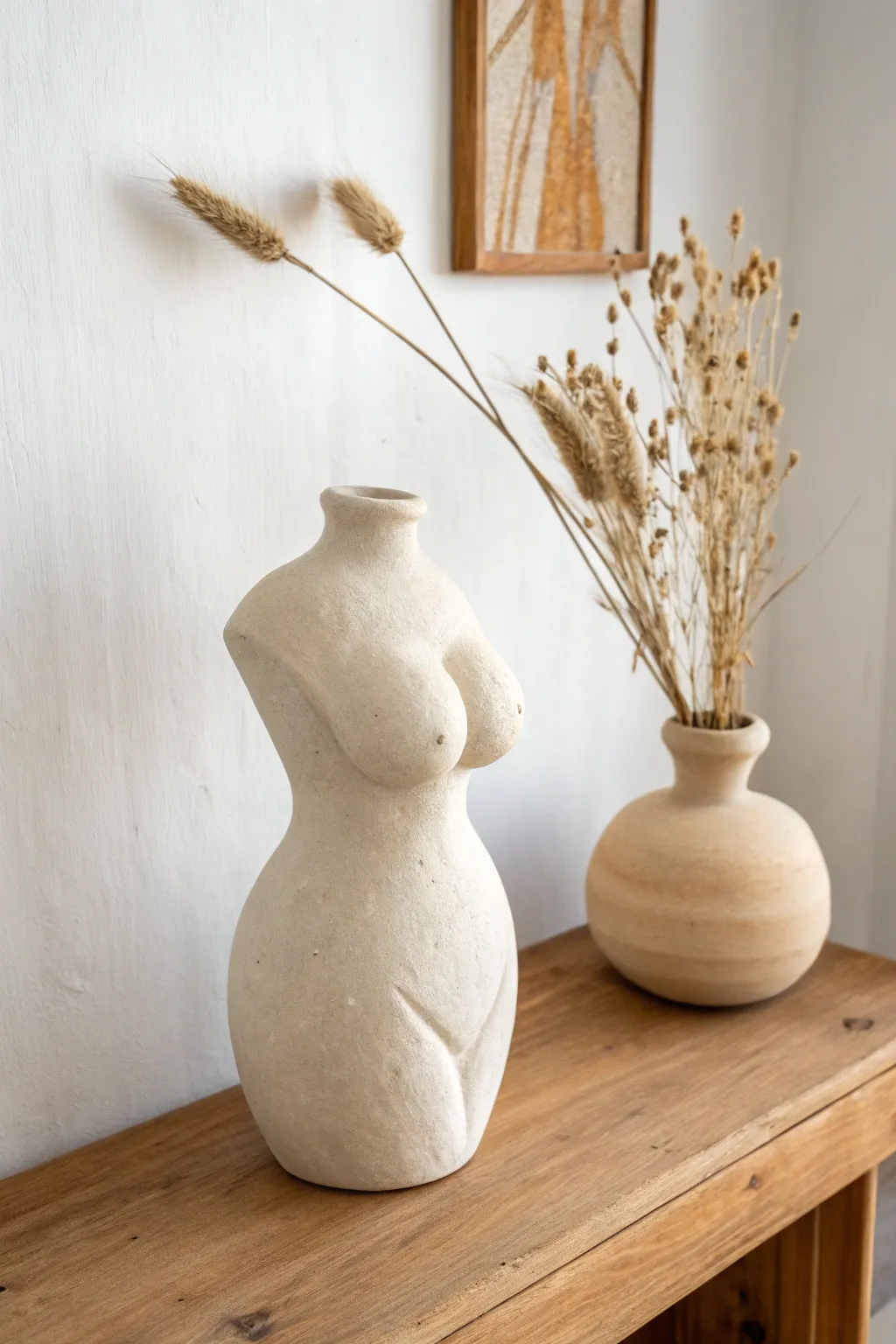 Sculpt a calm abstract torso vase and style it with dried stems for minimalist modern-boho charm.