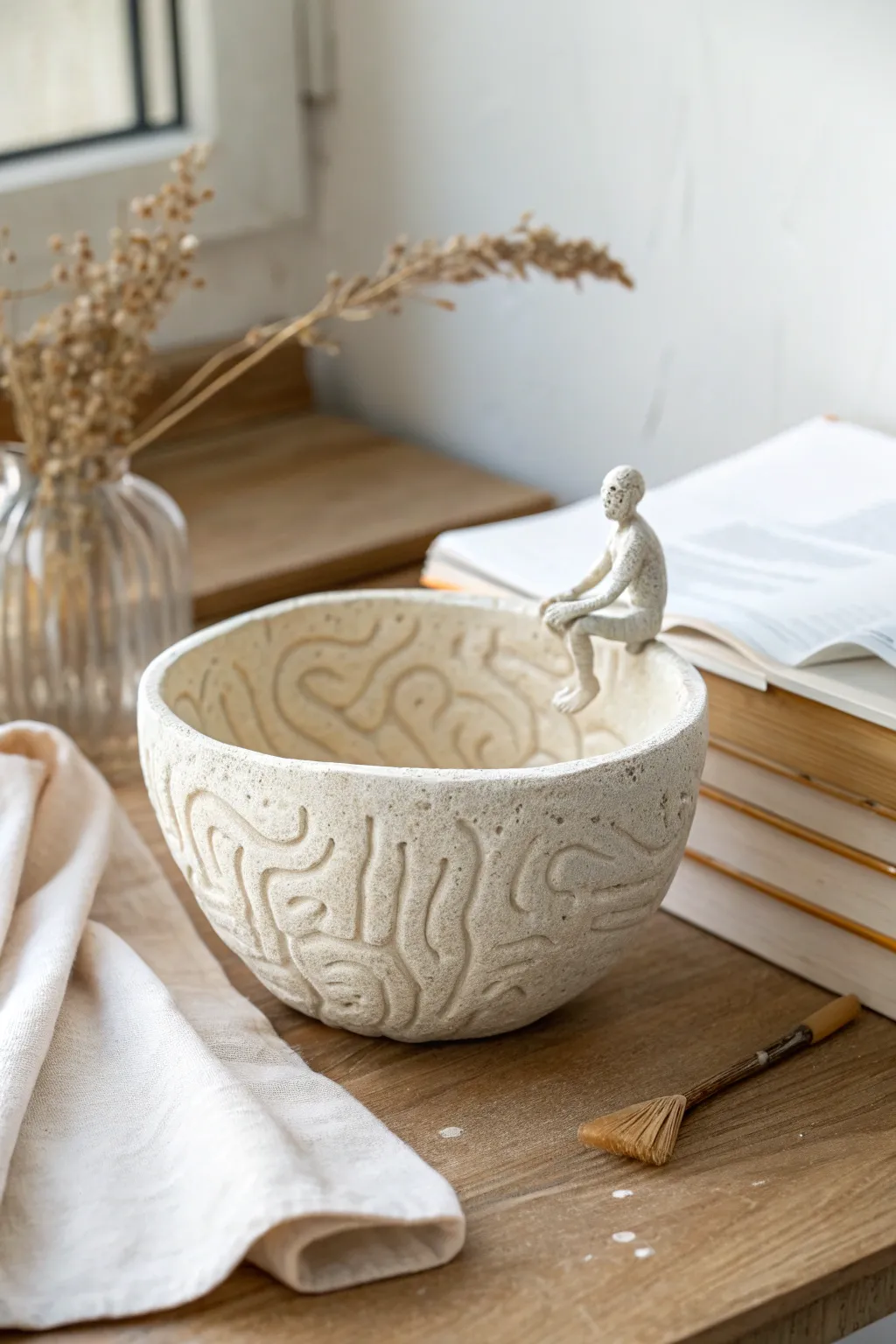 A quirky brain bowl with a tiny climber, minimalist and handmade for easy clay inspiration
