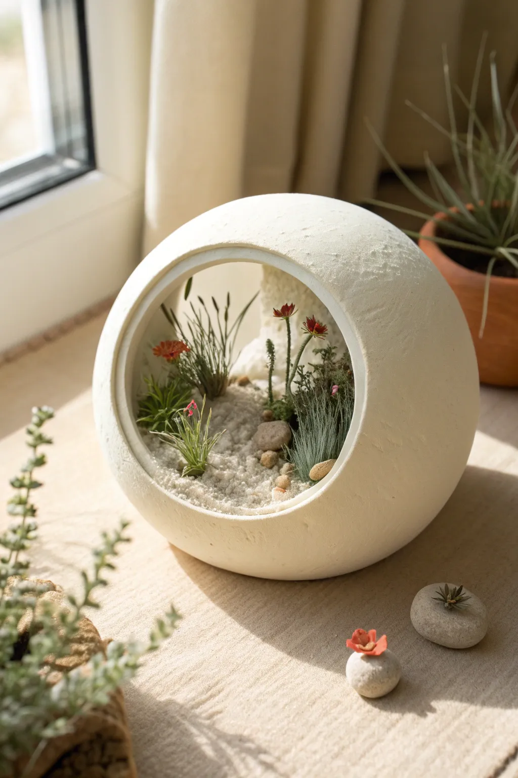 Pocket-sized clay globe with a tiny meadow scene inside, minimalist and softly boho