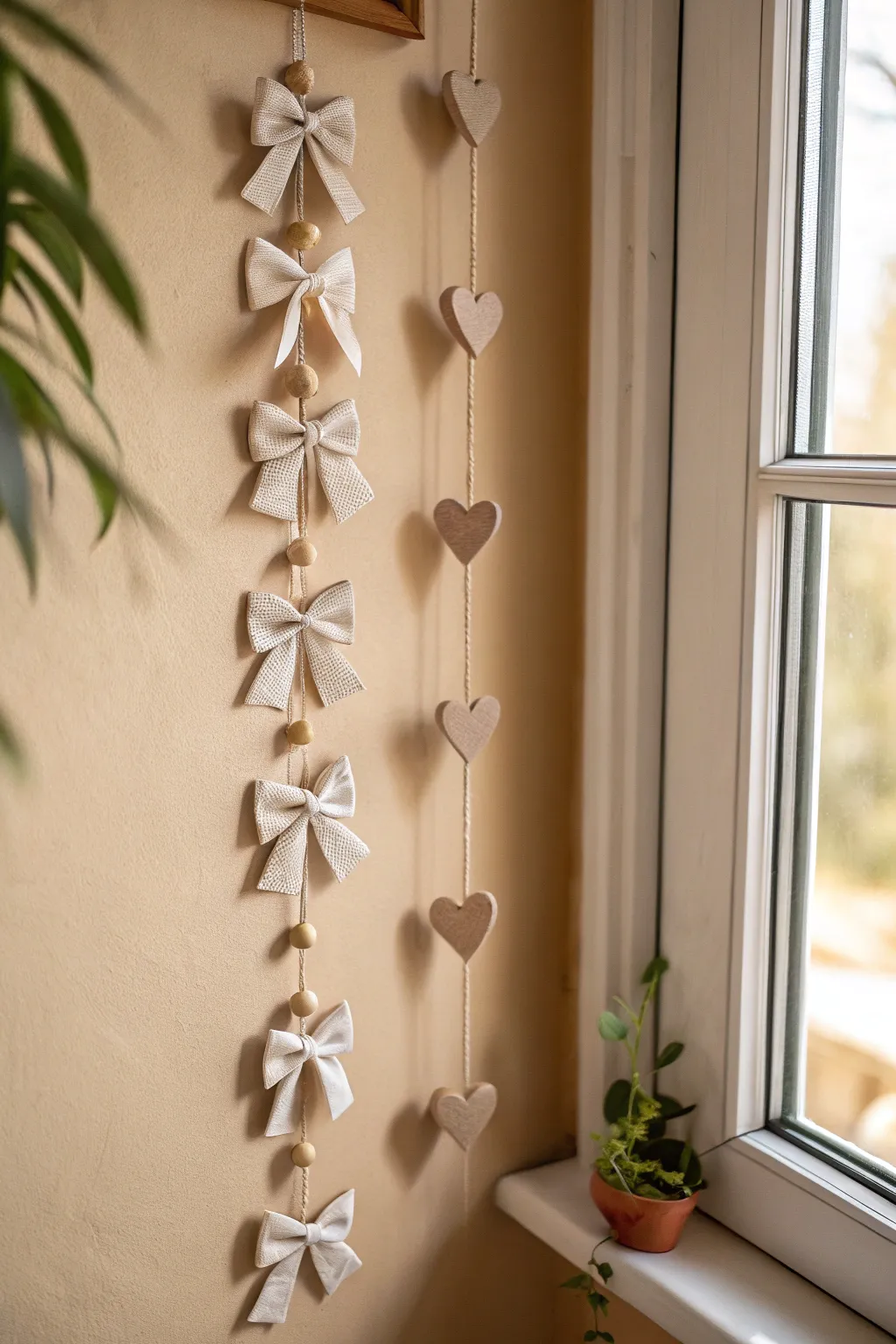Sweet coquette bow garland wall hanger in handmade clay, soft neutrals for a cozy nook.