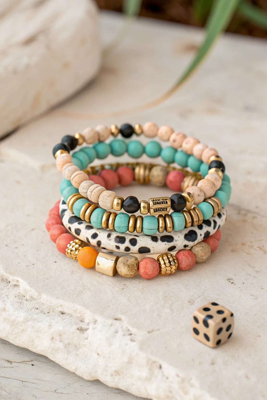 Mismatch country clay bracelet stack with cow print, turquoise, and serape for a collected vibe