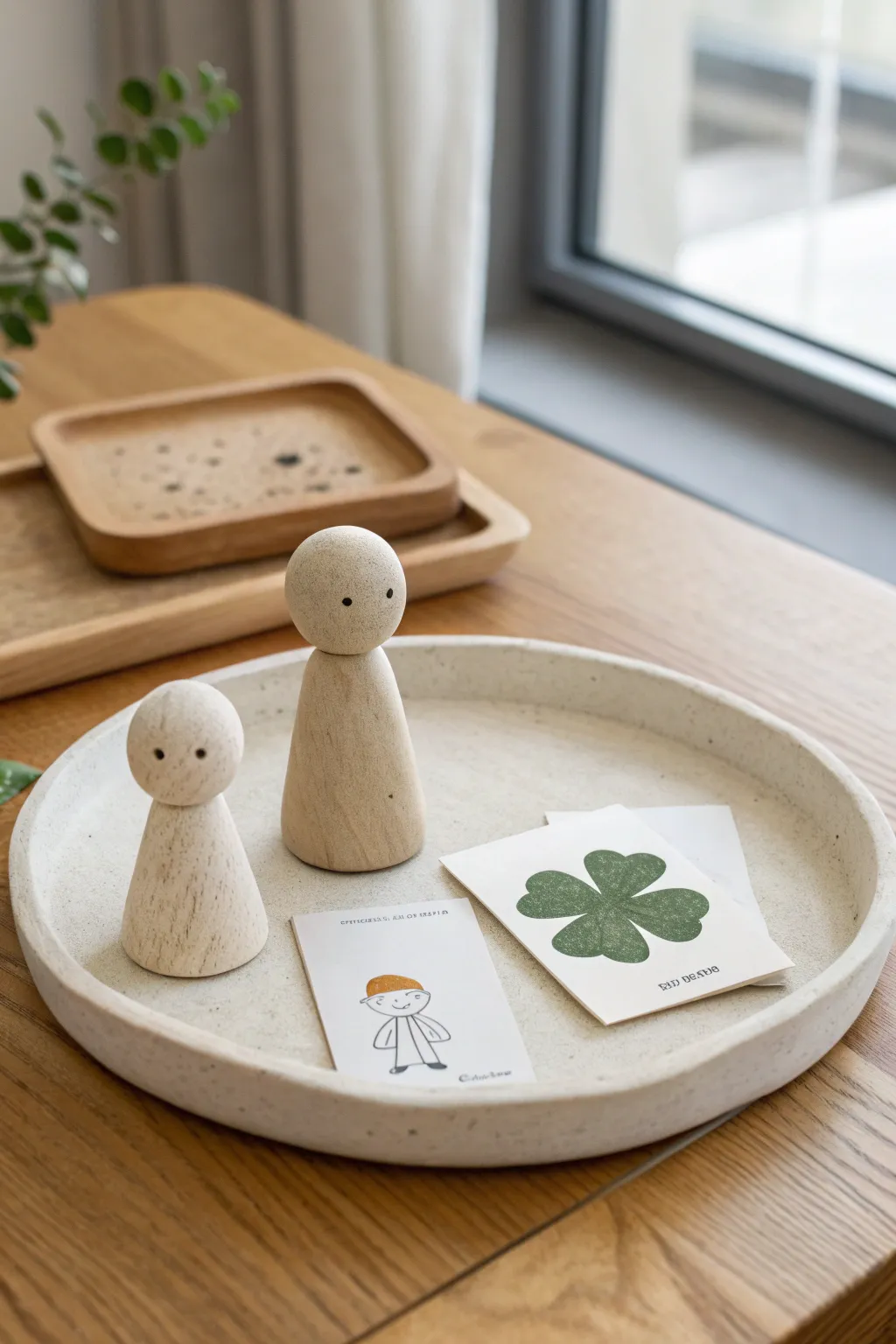 Play the mystery draw: two tiny clay keepsakes and blank prompt cards for couples to swap.