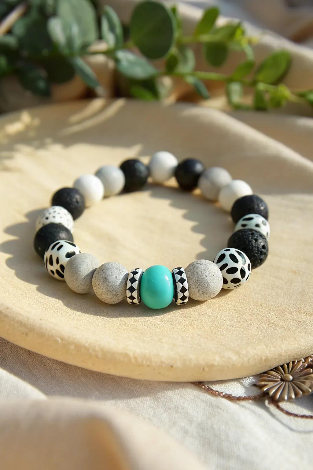 Monochrome cowgirl clay beads with one bright turquoise pop for a clean western look