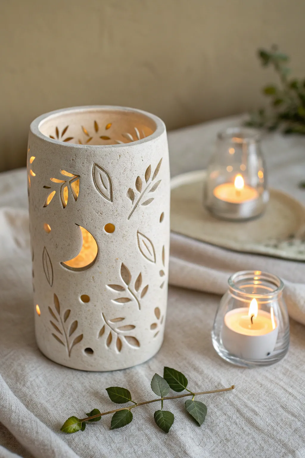 Cozy clay cutout lantern wrap with moon and leaf shapes, glowing softly for warm evenings