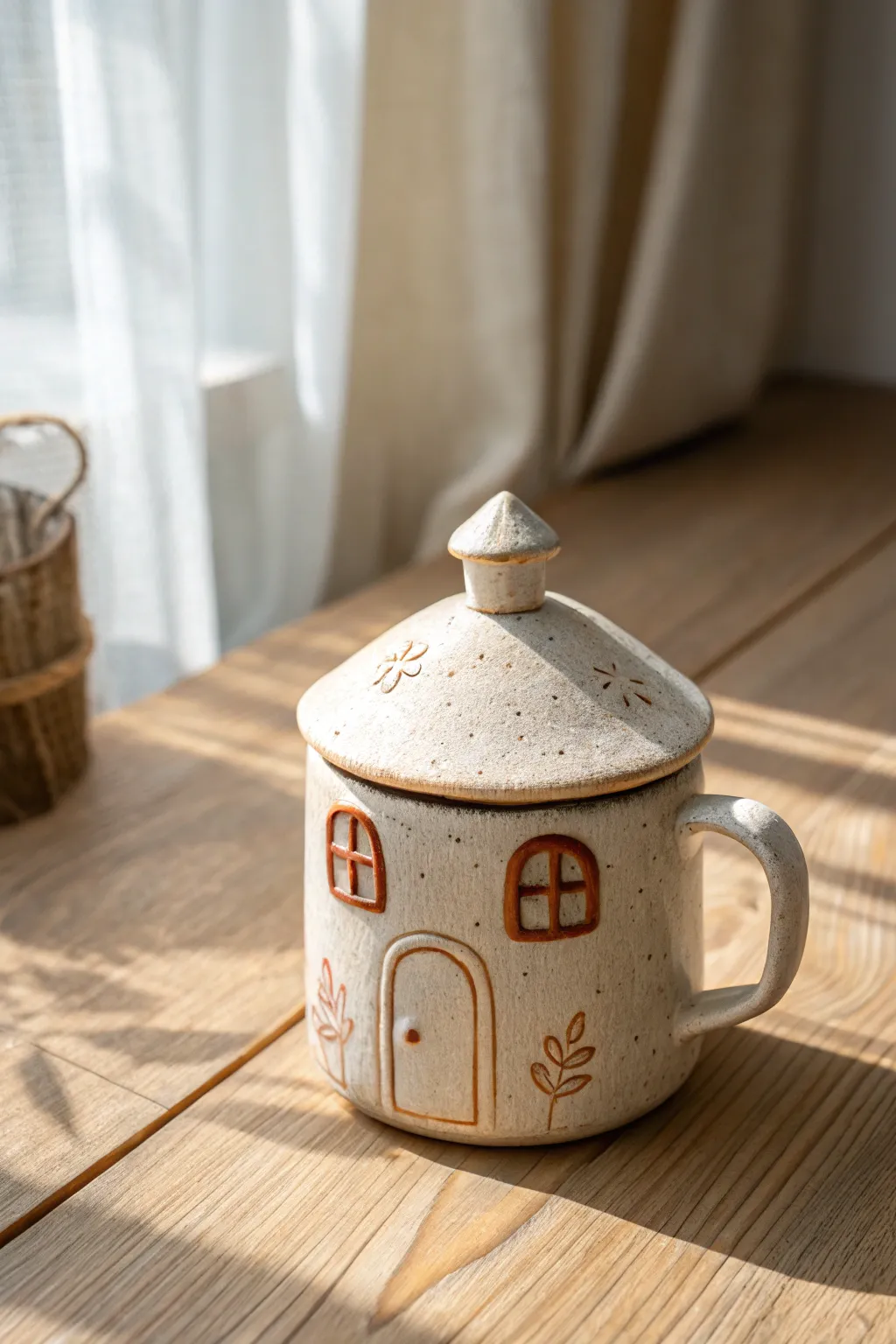 Tiny house mug with a sweet roof lid, warm minimalist tones, and cozy cottage charm.