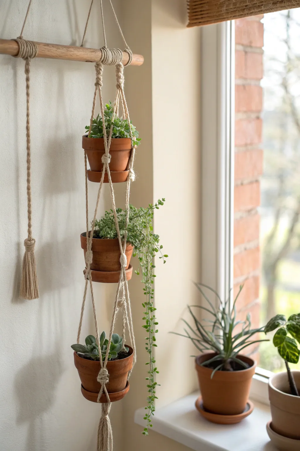 Hanging mini clay pot cluster bringing boho calm to a bright minimalist corner with tiny greens.