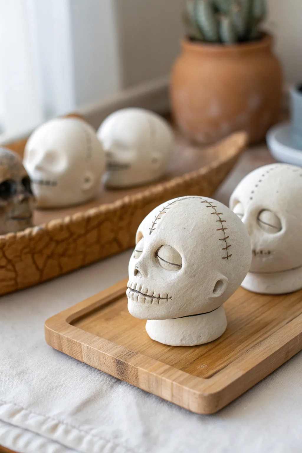 Mix and match mini creepy clay heads in soft neutrals, handcrafted texture, minimalist vibe.
