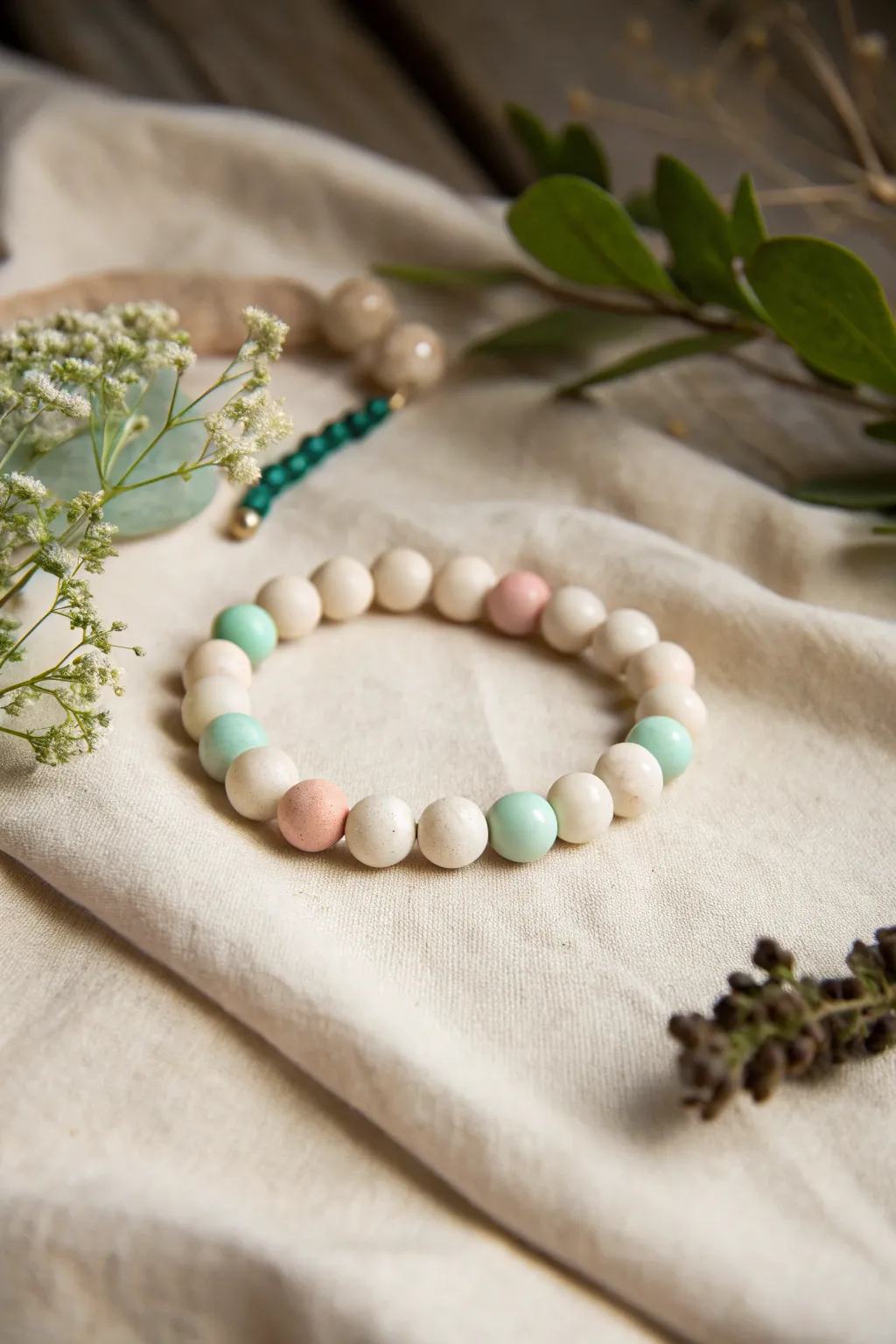 Pale clay beads with subtle glow accents, a night-ready bracelet in soft minimalist style