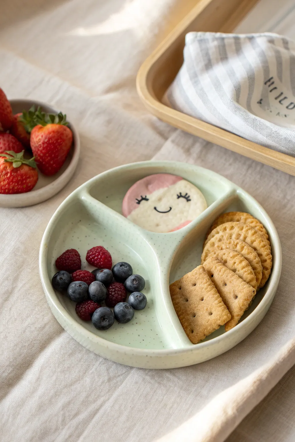 Cute divided snack plate with a sweet face, pastel glaze, perfect for fruit and crackers.