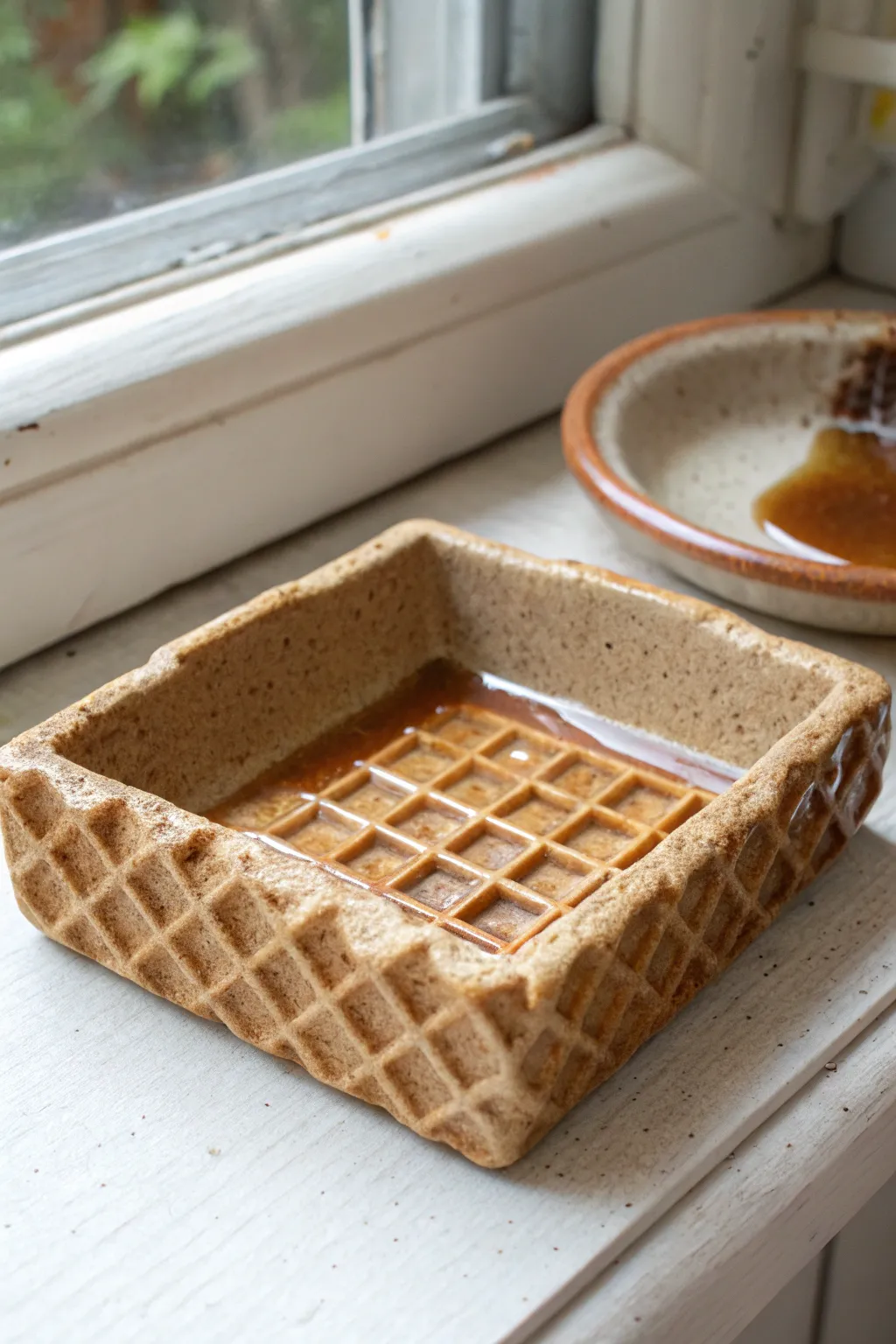 Waffle-inspired clay ashtray with glossy syrup drips, minimalist and easy to wipe clean.