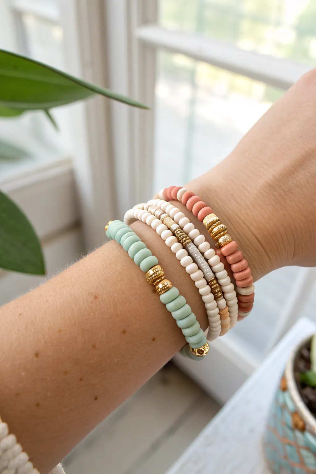 Three micro-mismatch clay heishi bracelets in one soft palette for an effortless stack