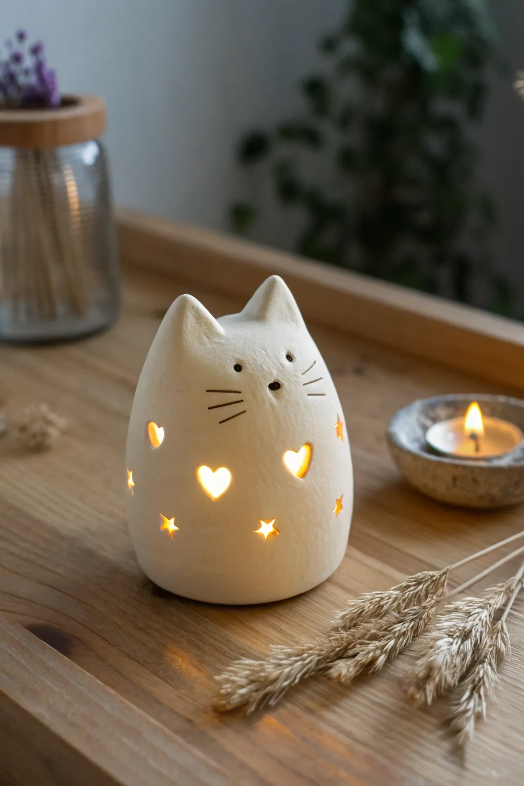 Cozy clay cat luminary glowing with tiny star cutouts for a warm, calming night vibe