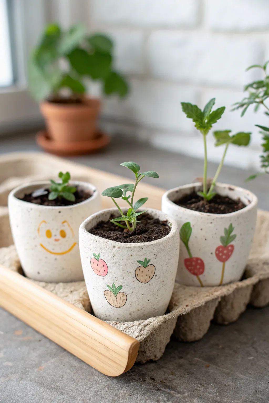 Egg-carton inspired seedling trio planters with cute hand-painted motifs in bright window light