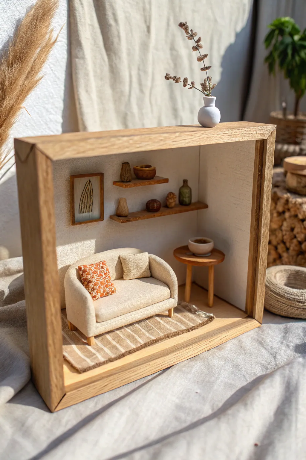 Cozy clay shadowbox mini room in soft neutrals, Scandinavian minimal with a hint of boho warmth.