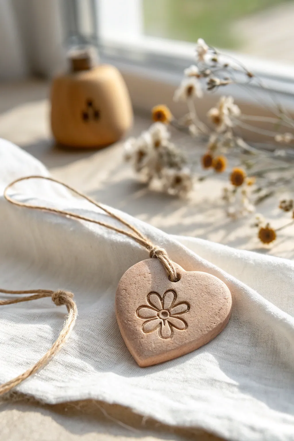 Minimal heart-shaped clay diffuser charm, tied with cord and dried blooms, perfect for Mothers Day.