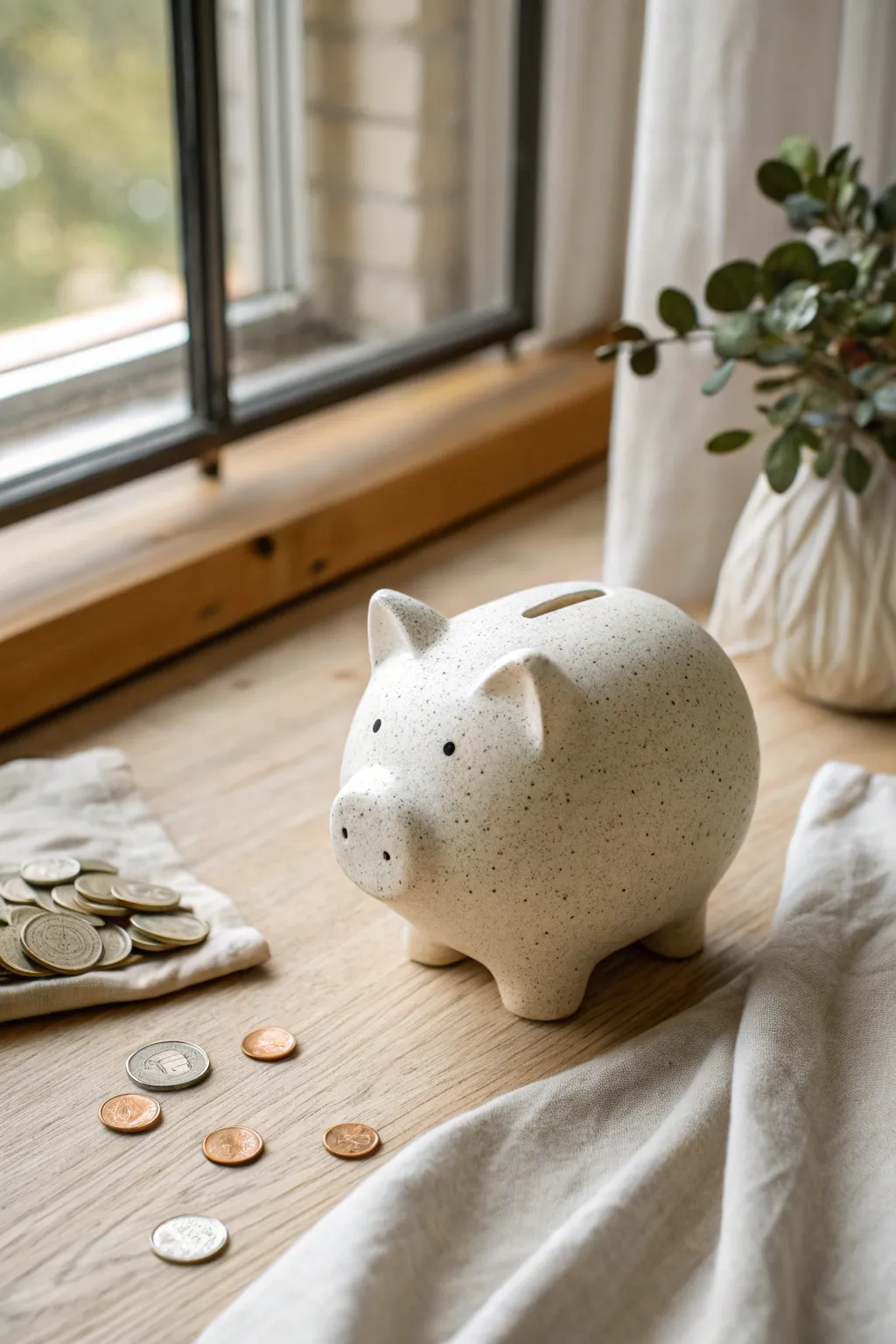 Minimal hybrid piggy bank with sweet snout and ears, matte speckled glaze, cozy Nordic vibe