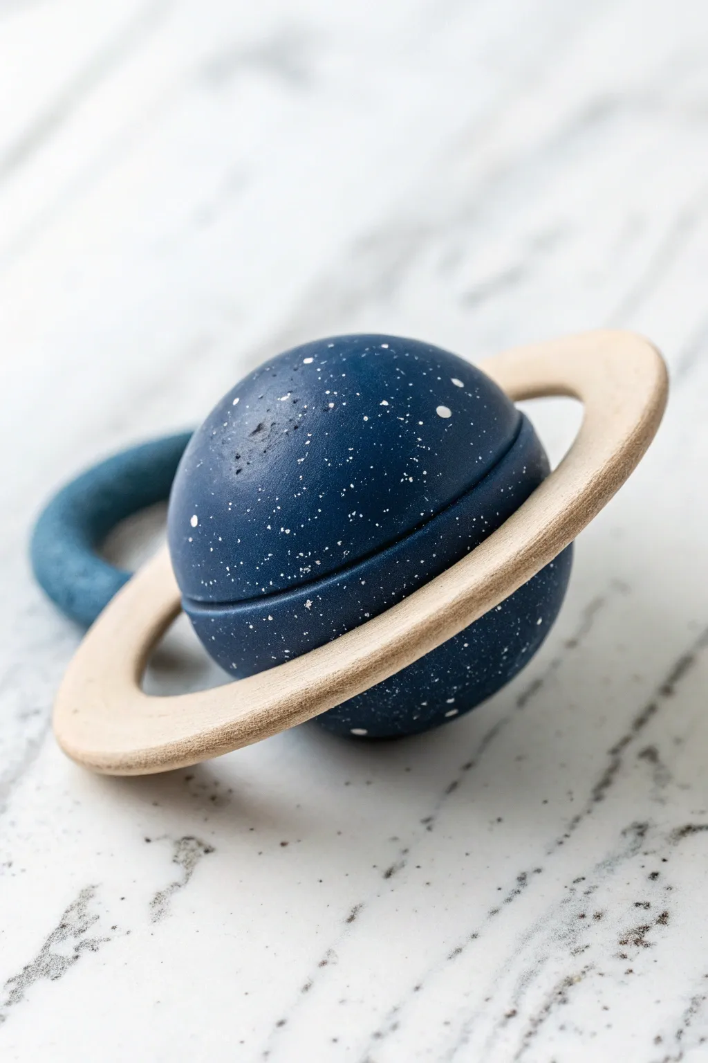 Glow-style planet rattle in deep navy with simple ring and tiny stars, minimalist and cute