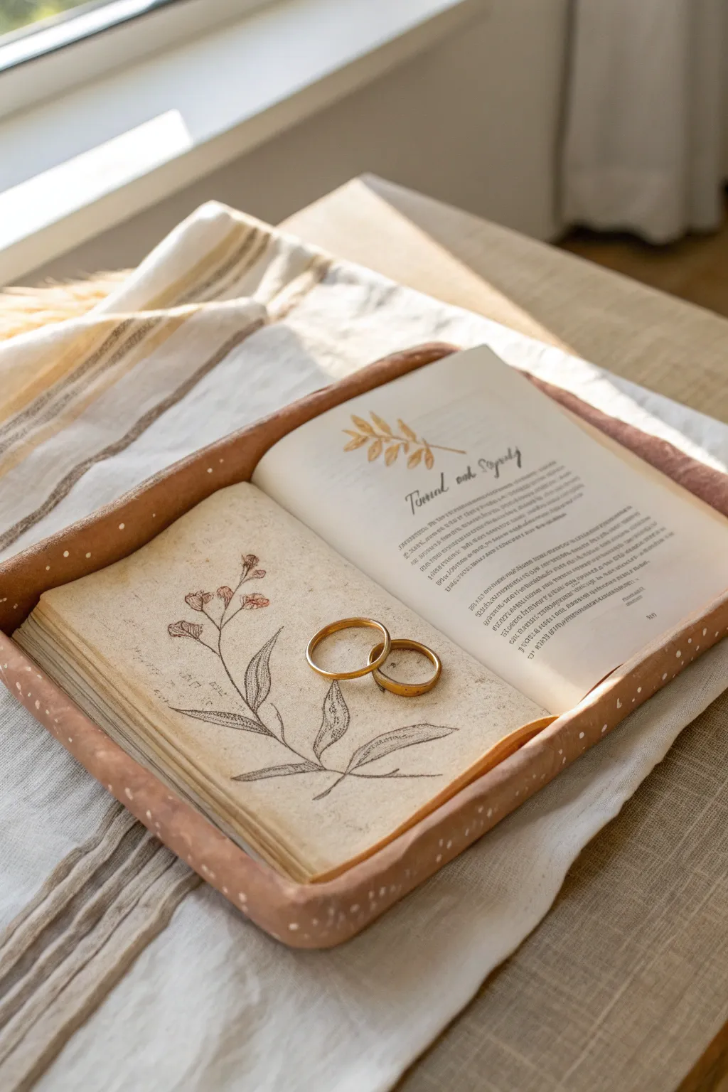 Mini book page clay tray in soft neutrals, a sweet ring holder with storybook charm.