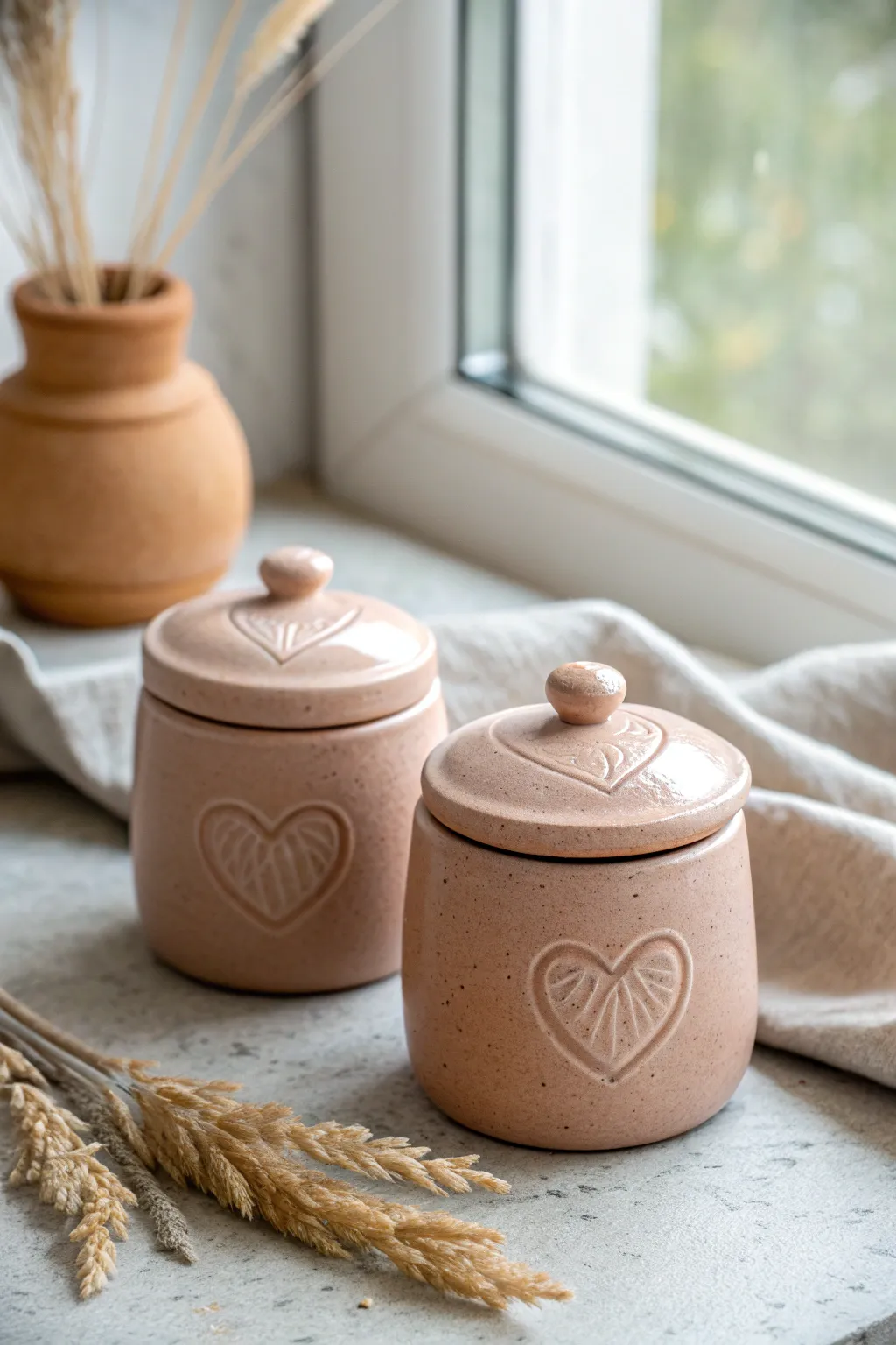 Two matching mini clay capsules for couples, softly paired with hearts and cozy neutral tones.