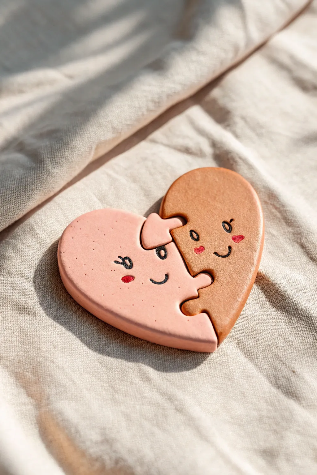 Cute two-part puzzle heart clay tokens for a cozy date, simple, sweet, made to share.