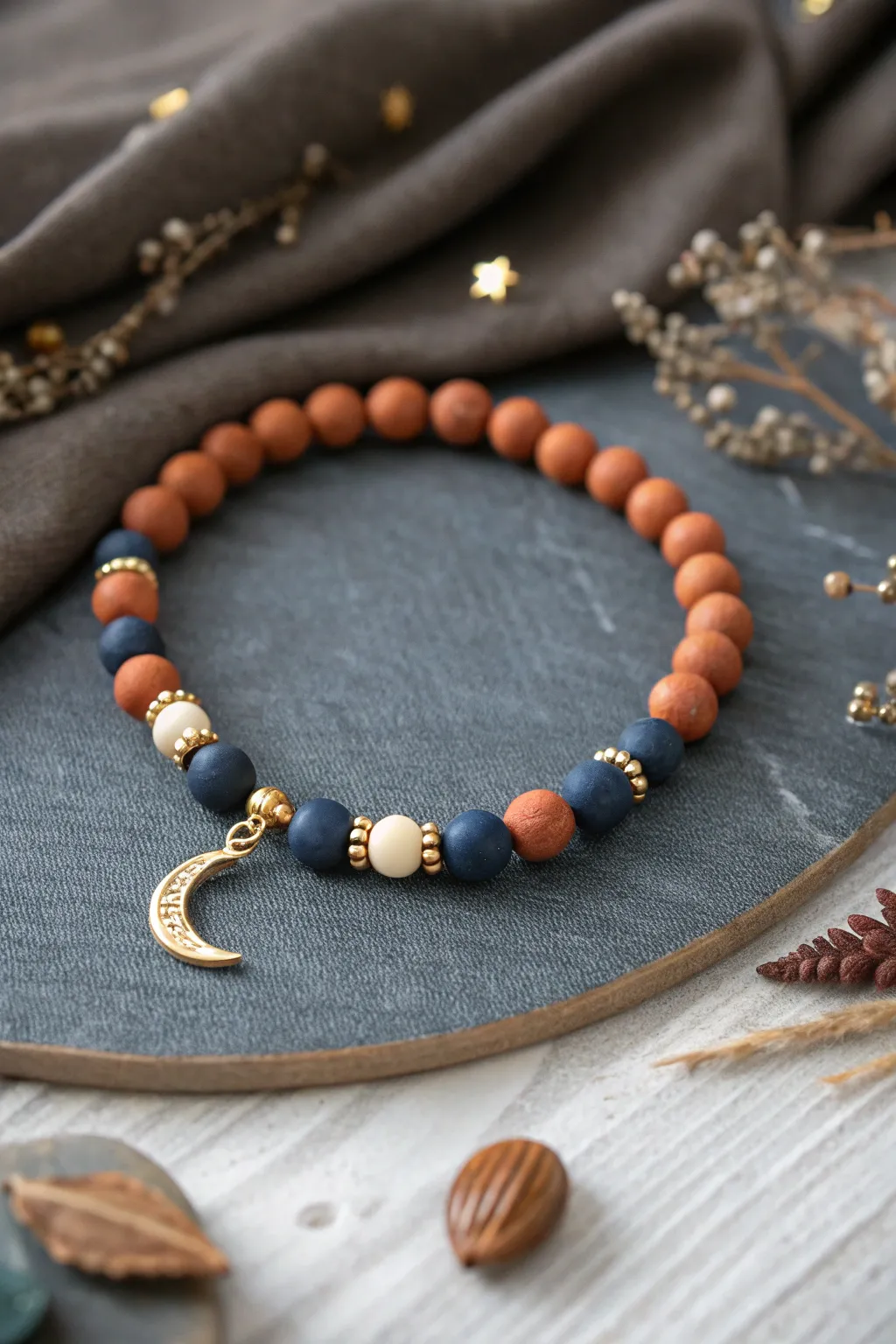 Midnight blue, copper, and cream clay beads with a tiny moon accent for cozy fall nights