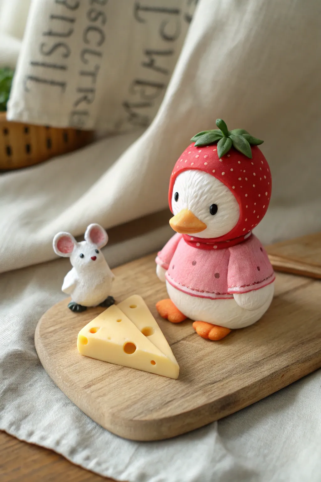Sweet clay minis: a strawberry-hood duck and tiny mouse on cheese, simple and charming