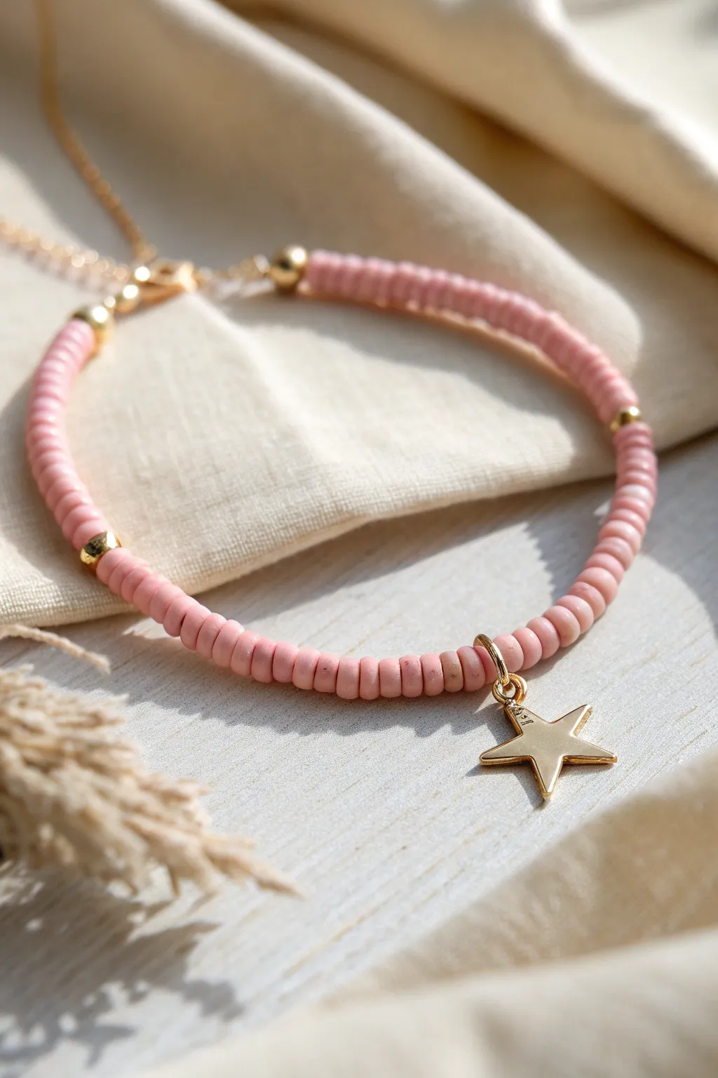 Pink heishi beads plus a tiny star dangle add sweet sparkle to a clean minimalist boho look.