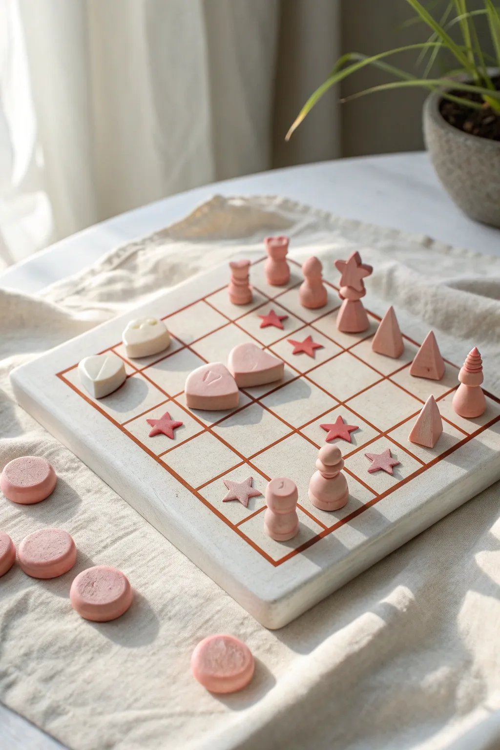 Sweet pink mini clay chess set with heart and star pieces in a calm minimalist style