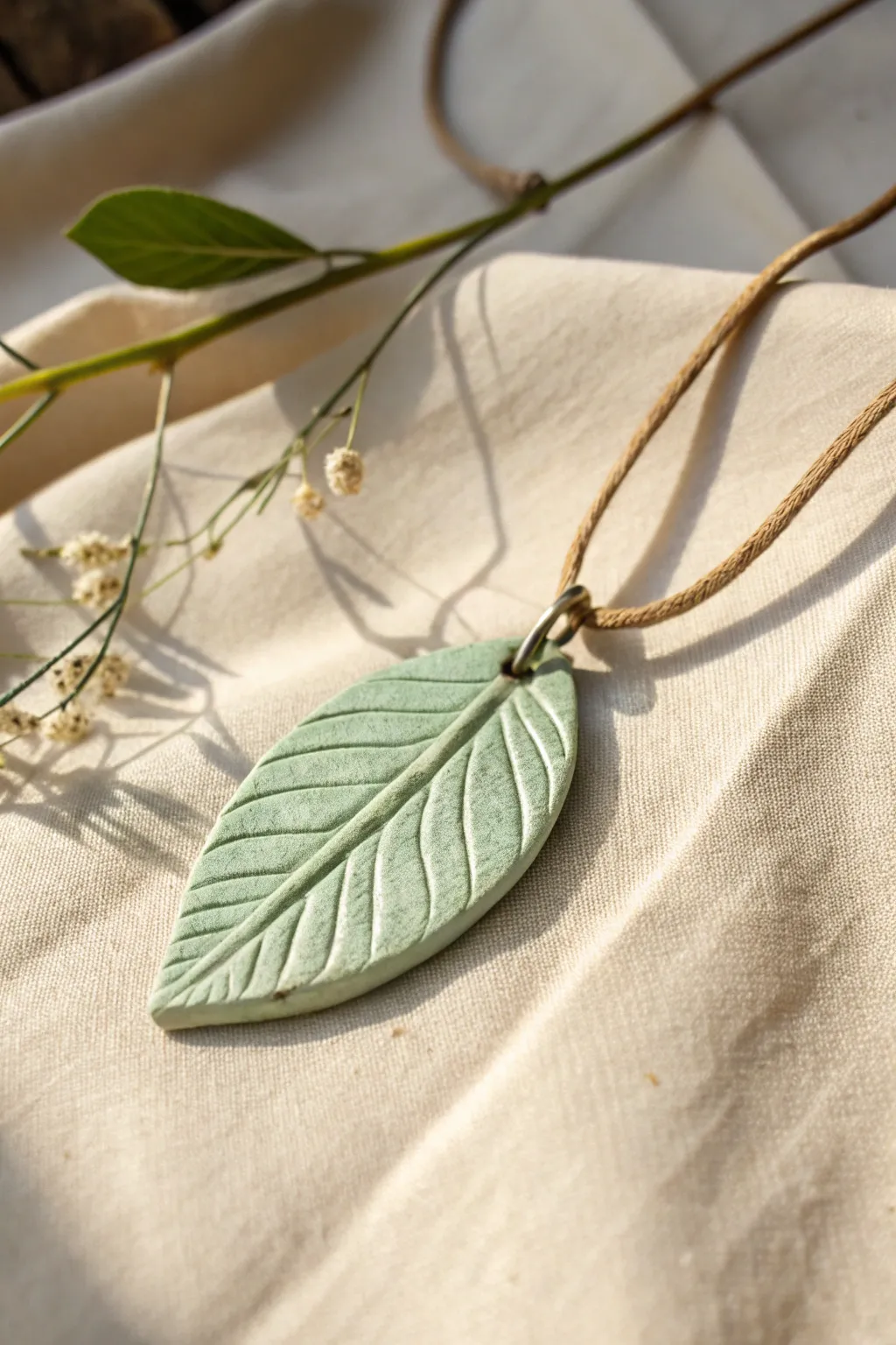 Sage green leaf imprint charm necklace, minimalist boho style, a cute polymer clay idea