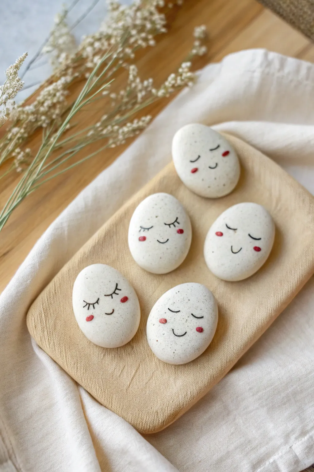 Four minimalist clay pebble faces in a neat grid, soft neutral tones and cozy boho calm.