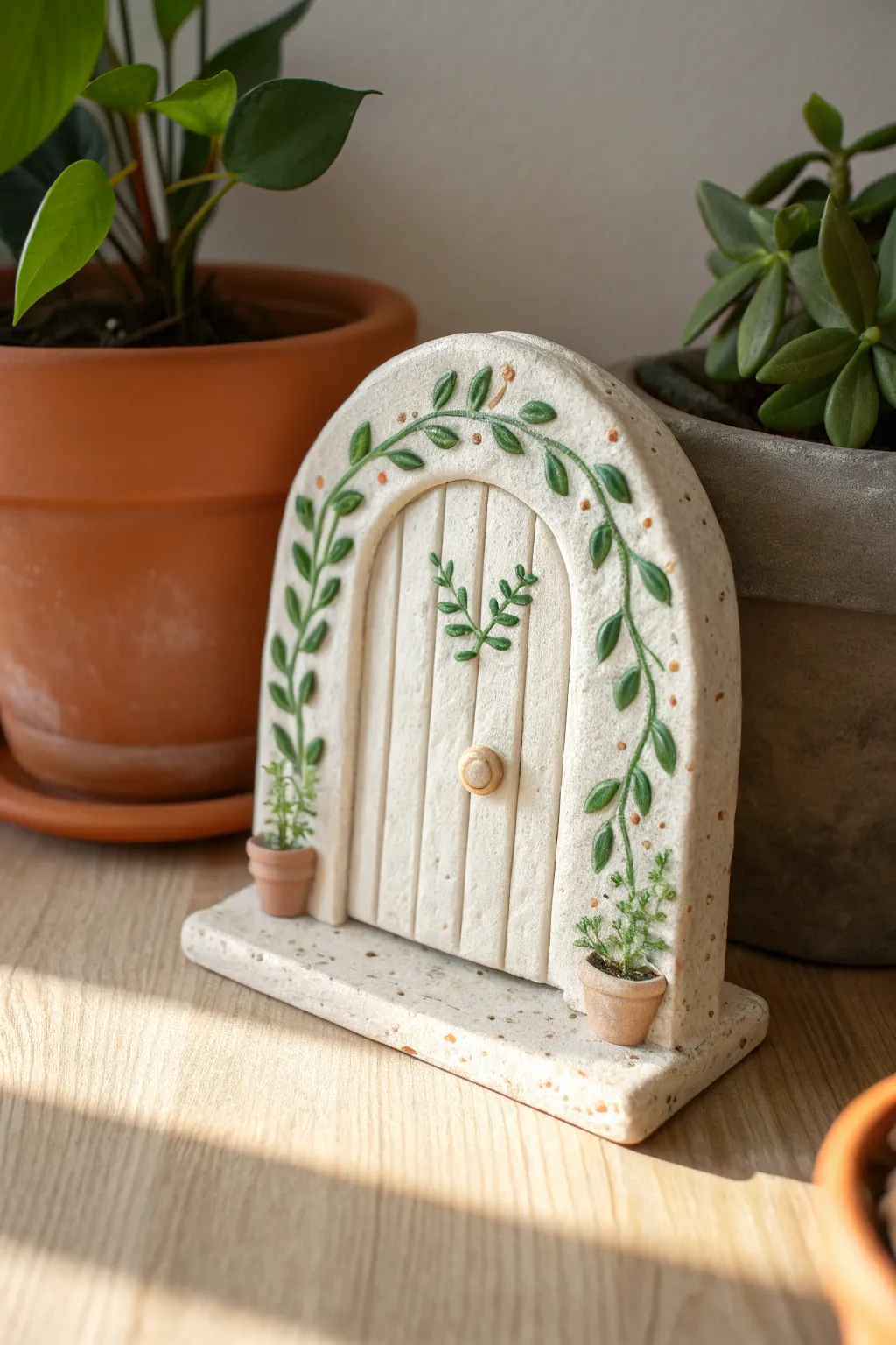 Mini air dry clay fairy door keepsake with simple vines, styled in soft Scandinavian boho.