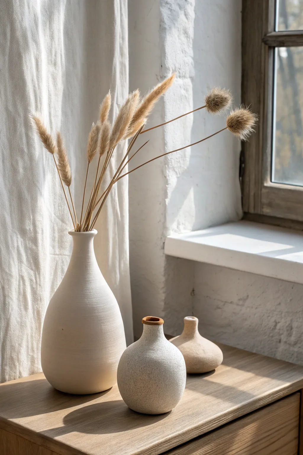 Two mini bud vases, one round and one tall, for a calm date-night clay win on your shelf.