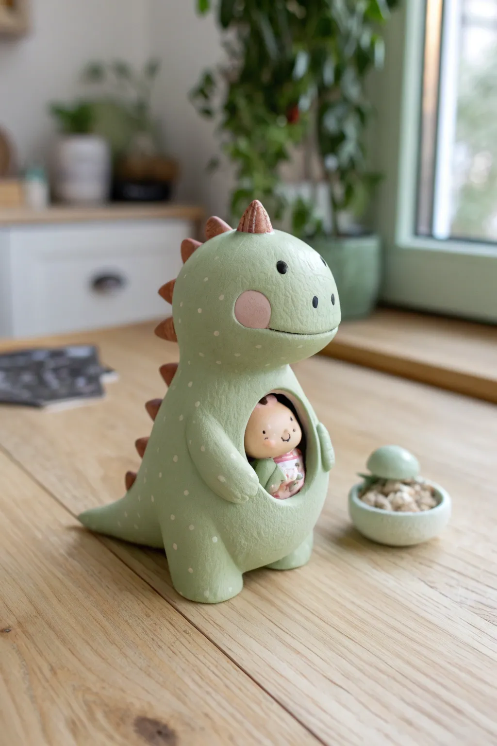 A sweet chibi dino with a removable belly window revealing a tiny baby surprise inside.