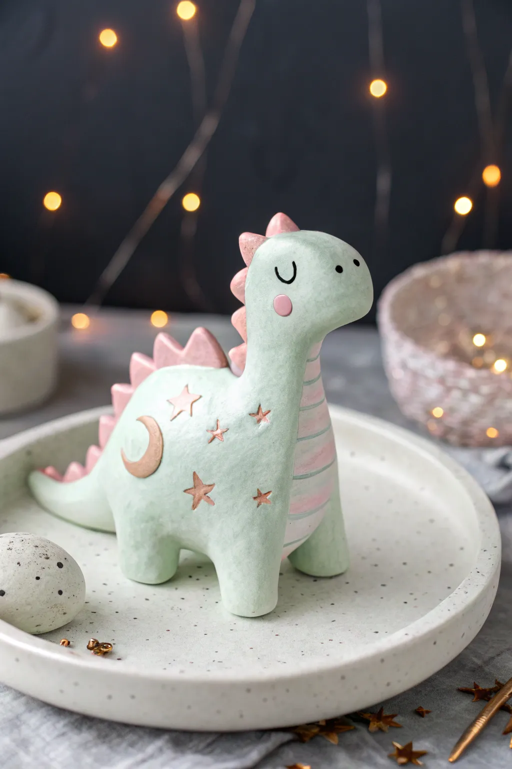 Glow-in-the-dark pastel dino with moon and star accents, a sweet air-dry clay idea