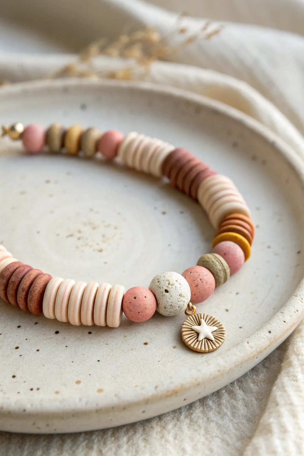 Mixed clay disc bracelet with one tiny ceramic keepsake bead on a handmade pottery tray.
