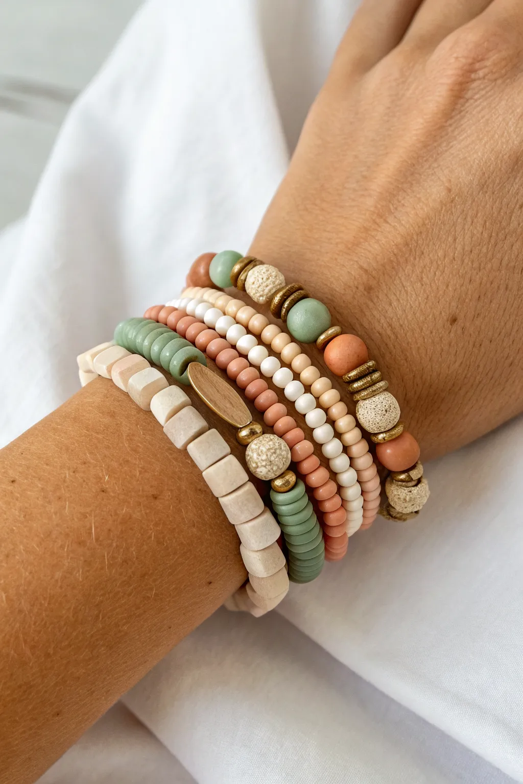 Mixed-shape clay bead stack: smooth heishi discs with bold rounds for effortless texture