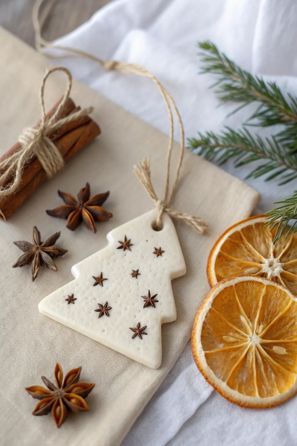 Spice-studded clay ornament with twine and dried orange for a cozy, minimalist holiday feel