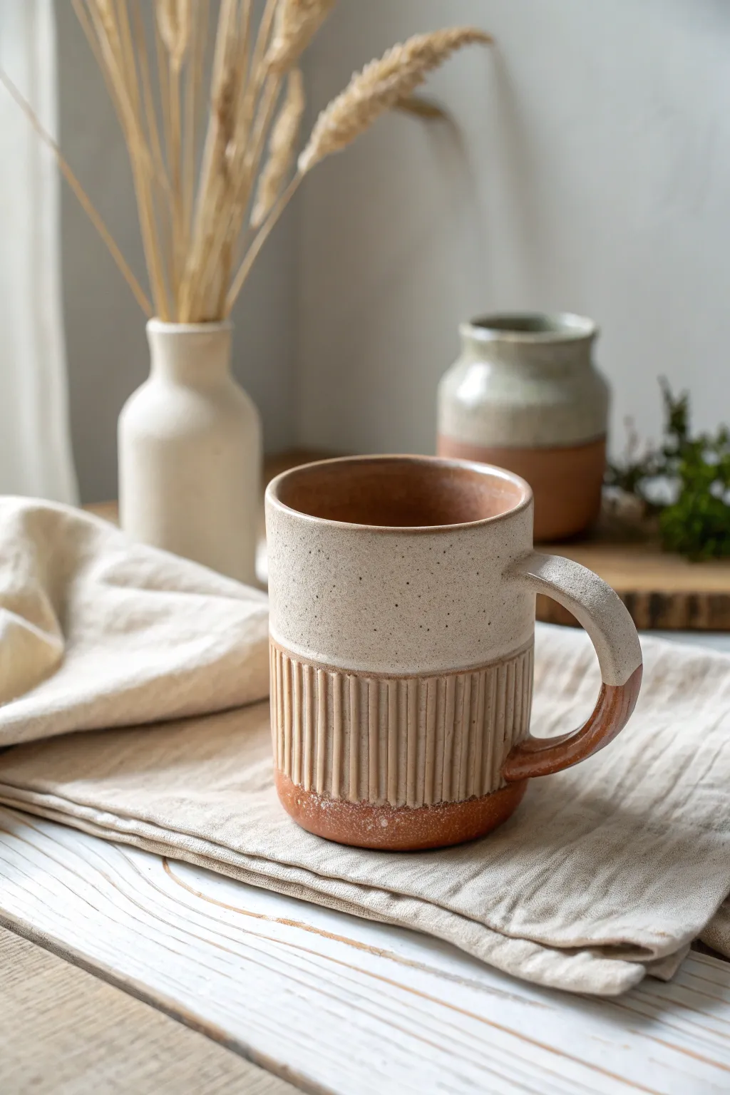 DIY mug upgrade: cozy air-dry clay wraparound grip in matte terracotta, calm Nordic styling.