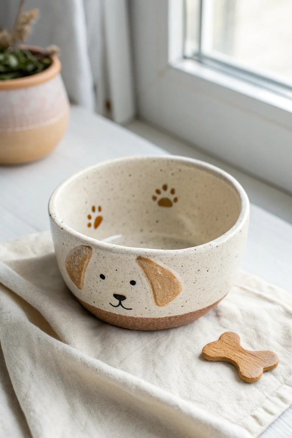 A simple puppy pinch pot with a hidden bone and paw prints revealed inside