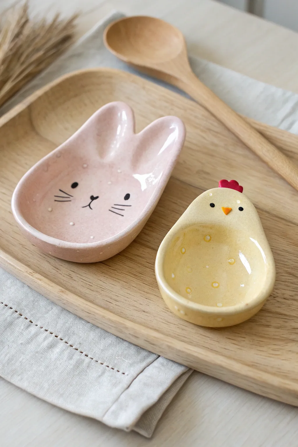 Pastel bunny and chick spoon rests, simple handmade clay accents for a sweet Easter kitchen.