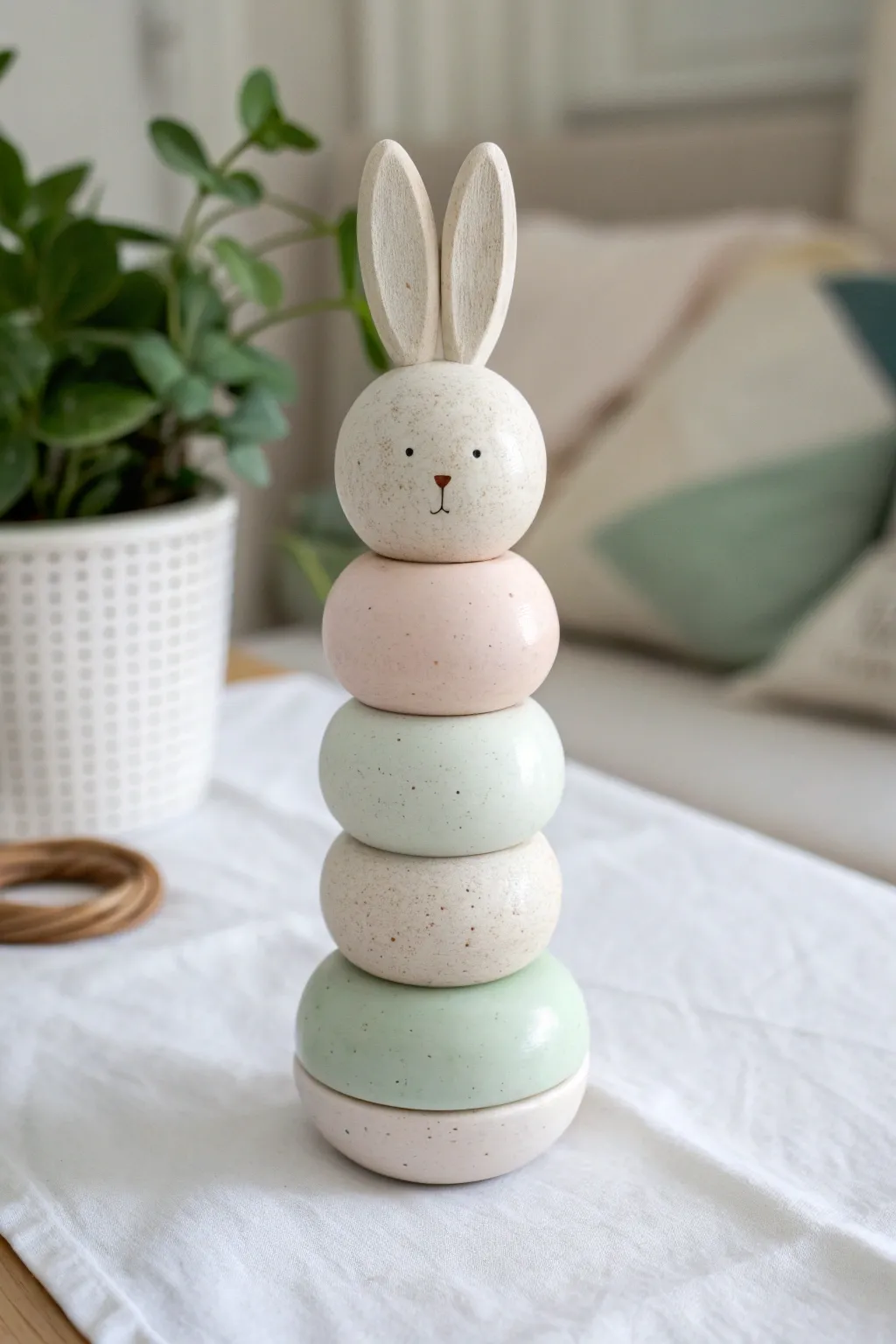 Modern Easter ceramic totem stack with eggs, bunny form, and soft pastel rings