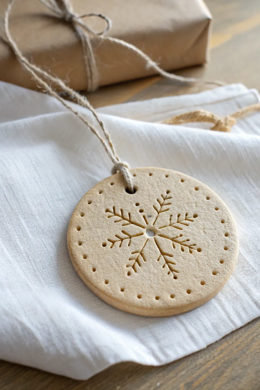 Minimal clay snowflake ornament stitched with white thread for an easy, cozy Christmas DIY.