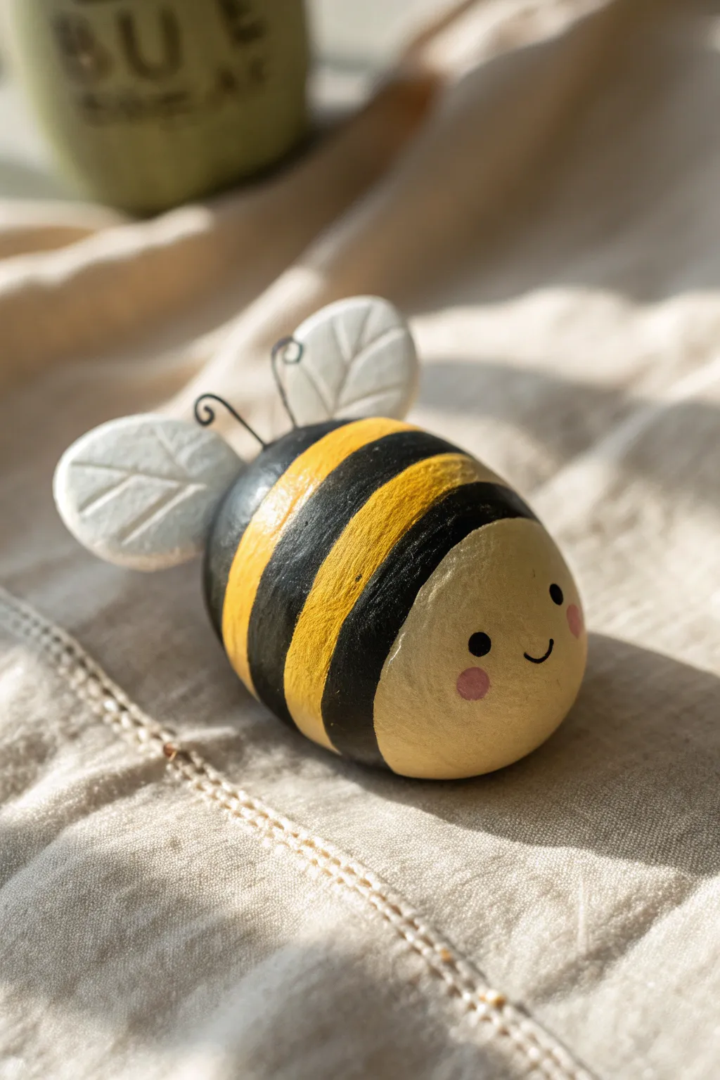 Make a sweet striped bumblebee: simple wings, tiny smile, and lots of handmade charm.